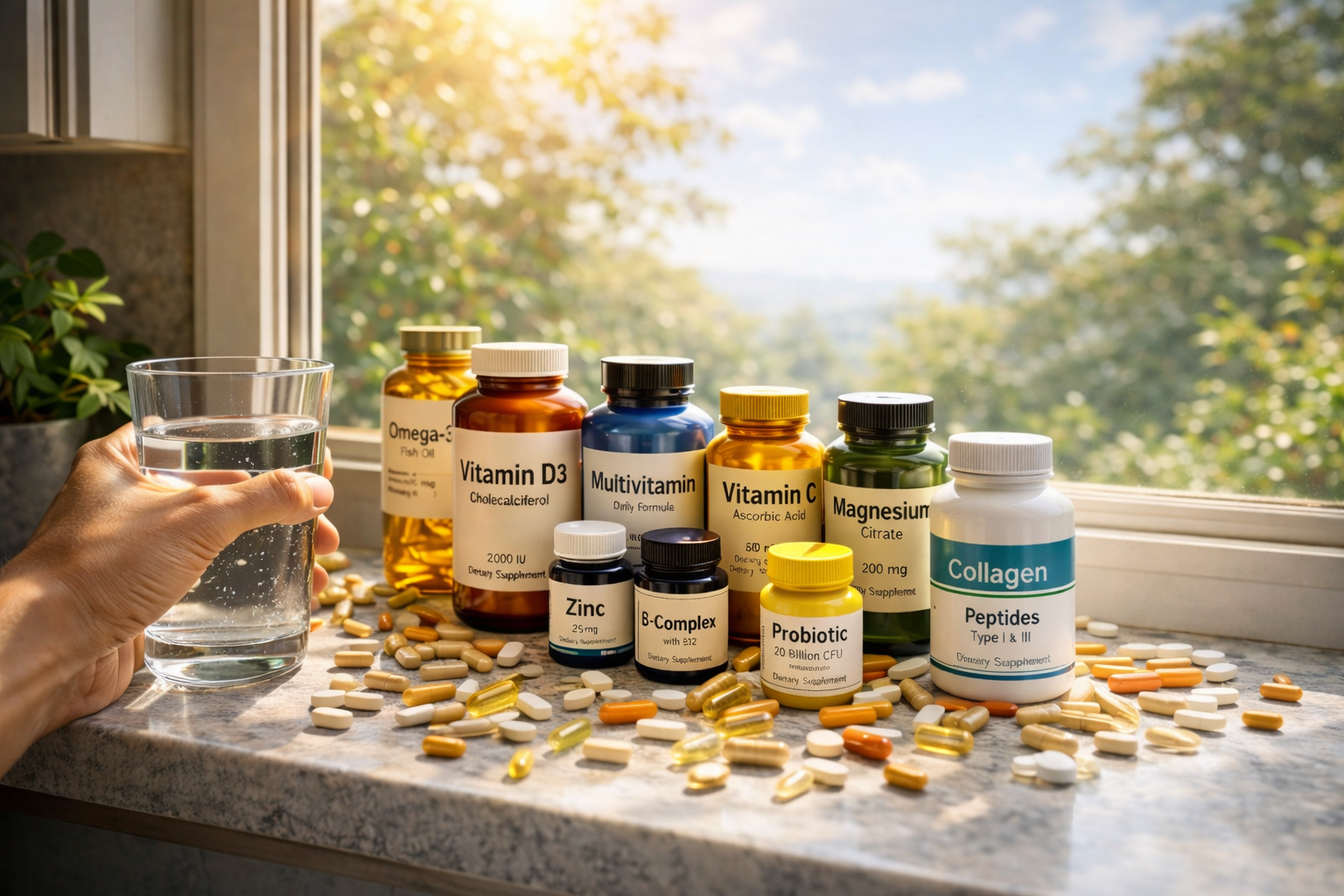 Supplements on a kitchen windowsill — article on total nutrient intake and safety